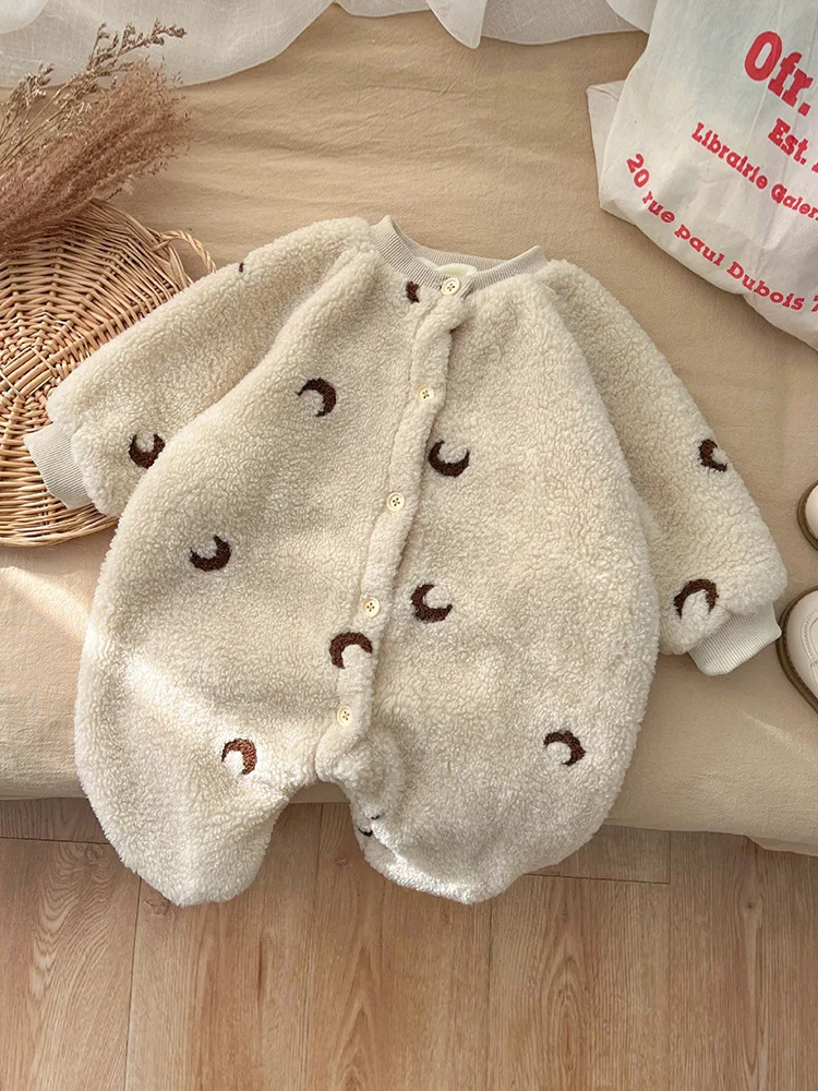 2024 Winter New Baby Long Sleeve Plush Romper Plus Velvet Thick Infant Boy Girl Embroidery Fleece Jumpsuit Newborn Warm Clothes