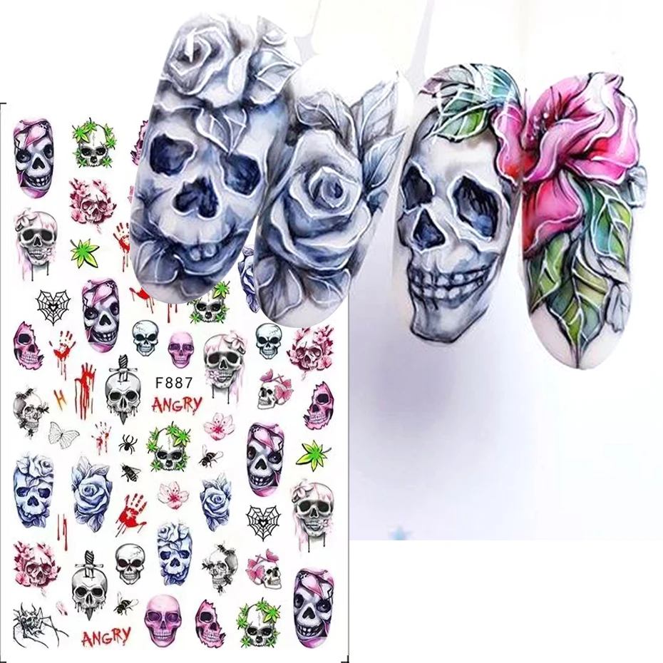 3D Halloween Skull Nail Art Stickers Cute Pumpkin Horror Ghost Decals Dripping Bone Bat DIY Manicure Slides Decoration Tips JIF