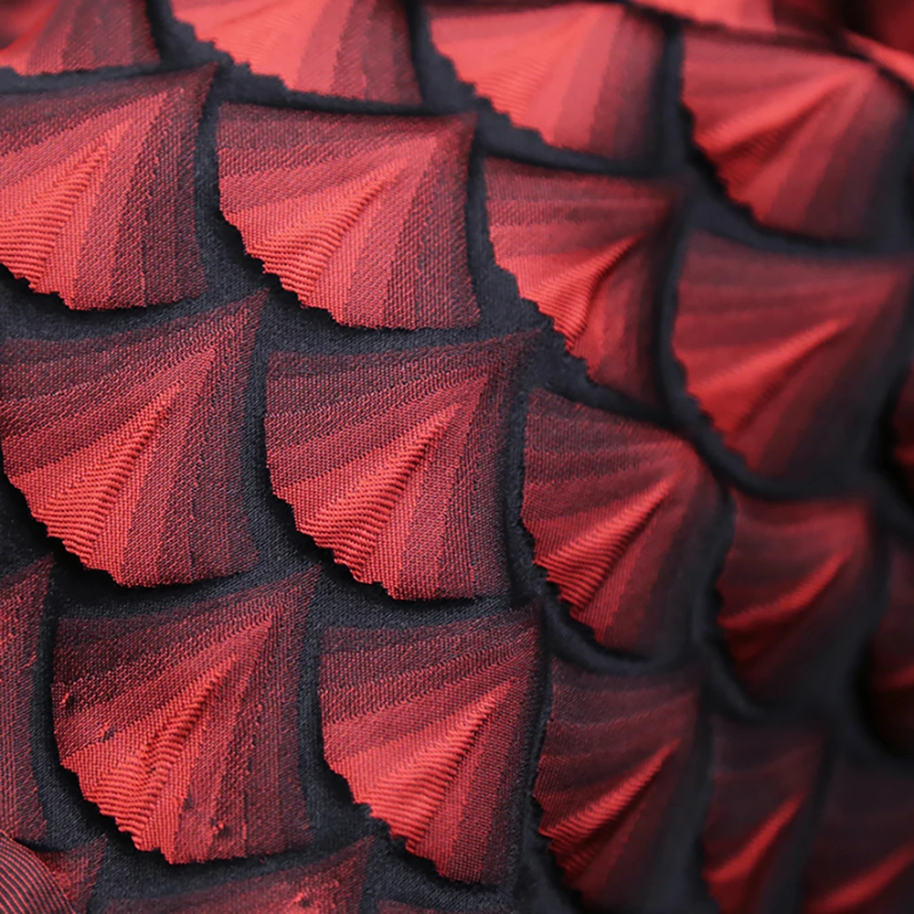 Three-dimensional relief red scale brocade fabric fan-texture jacquard wide dress designer fabric handmade diy  Suit material