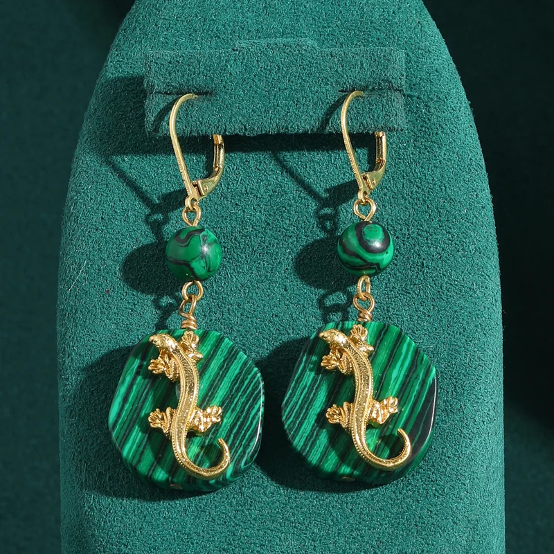 Vintage Fashion Jewelry Brands - Vintage Malachite Gecko Drop Earrings Luxury