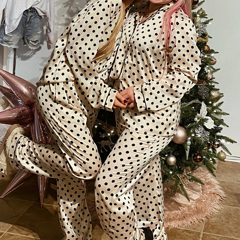 HEZIOWYUN Women Christmas 2Piece Satin Silk Dot Print Pajamas Set Long Sleeve Lapel V Neck Button Down Top with Drawstring Pants