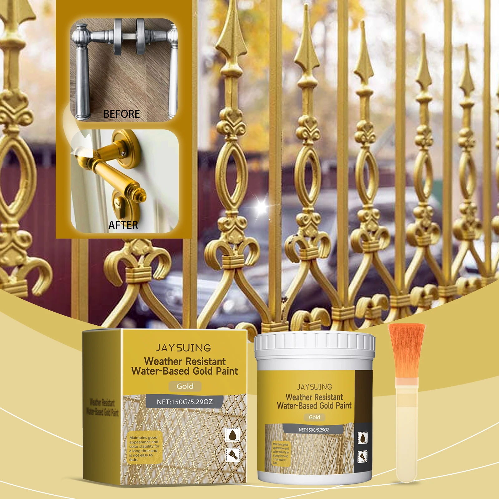 Pintura dorada basada, juego de pintura con acabado de hoja dorada metálica con pincel para decoraciones de oro falso en Metal, madera, valla de pared, muebles DIY