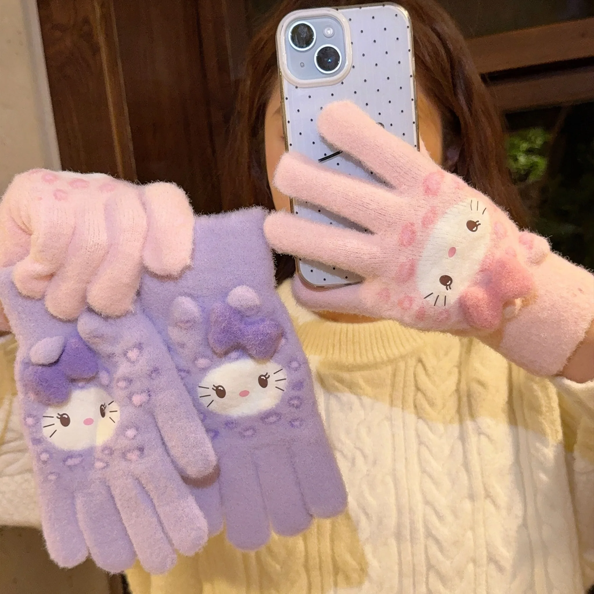 Kawaii Cartoon Kitty Winter Gloves For Women Soft Fuzzy Plush Full Finger Gloves Leopard Print 3D Bow Cute Warm Ski Gloves