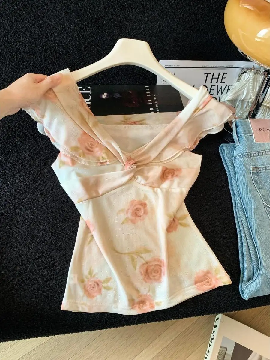 Korean Style V-Neck Knot Rose Print Chiffon T-Shirt Women's Summer Slimming Off-Shoulder Belted Slim Fit Top City Walk