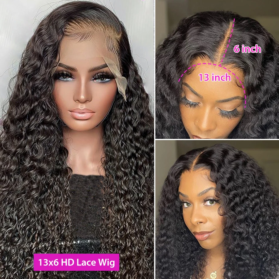 Perruque Lace Front Wig Deep Wave brésilienne naturelle, cheveux humains, 13x6, 13x4, pre-plucked, 30-40 pouces, pour femmes