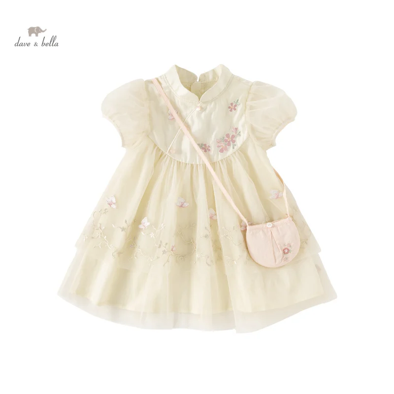 Dave Bella Girl's Princess Dress 2024 New Summer Children's Baby Short Sleeves Mesh Cute Sweet Charm Fashion Casual DB2240546