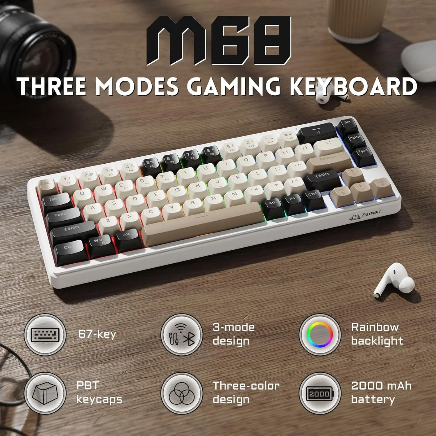 MAMBASNAKE x Freewolf M68 65% Wireless Gaming Keyboard,Bluetooth/2.4GHz/ Wired Tri-Mode Silent Membrane Keyboard