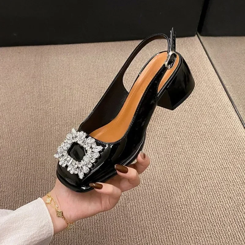 Summer New Baotou Sandals Women\'s French Retro Square Headed Water Diamond Buckle Back Hollow Thick Heel Sandals Large 42