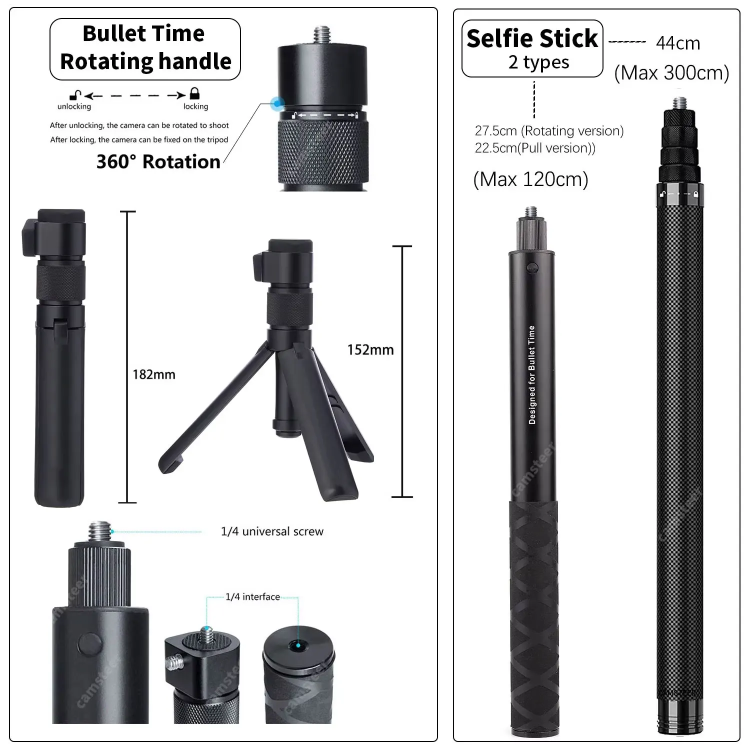 1.2m 3m Carbon Fiber Invisible Selfie Stick Bullet Time Rotating Handle Tripod for GoPro Insta360 X6 X5 X4 DJI Osmo 360 Camera