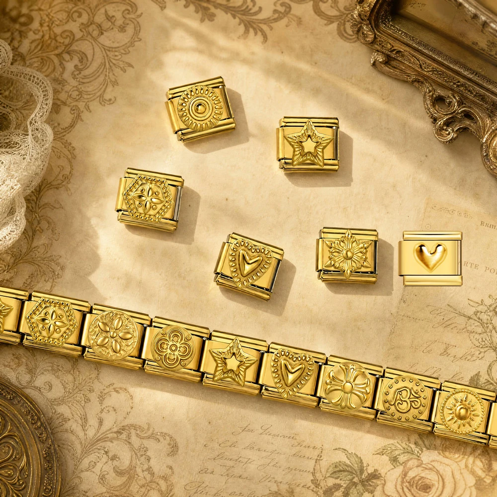 GEMOSA Vintage Blumen-Herz-Stern-Gravur Vergoldeter Edelstahl Italienischer Charm-Glied 9mm Armband-Schmuckzubehör – Detail 1