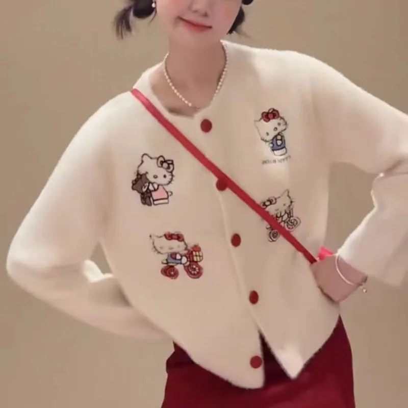 

Kawaii Hello Kitty Embroidered Pattern Knitted Cardigan Coat for Women Autumn New Anime Cartoon Accessories Top Clothing Gift