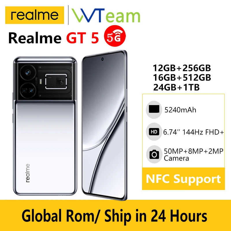هاتف Realme GT 5 Snapdragon 8+ Gen 2 ثماني النواة 240 وات/ 150 وات SUPERVOOC Charge Sony IMX 890 OIS 6.74 بوصة AMOLED OTA