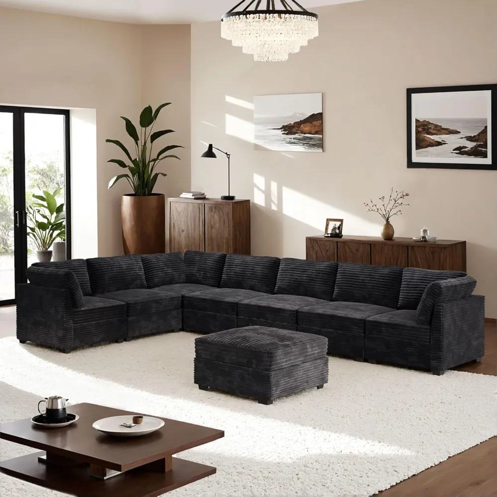 Modular Sectional Sofa Couch, L-Shaped Minimalist Couches with Ottoman Chaise, Modern Deep Seat Cloud Plush Corduroy