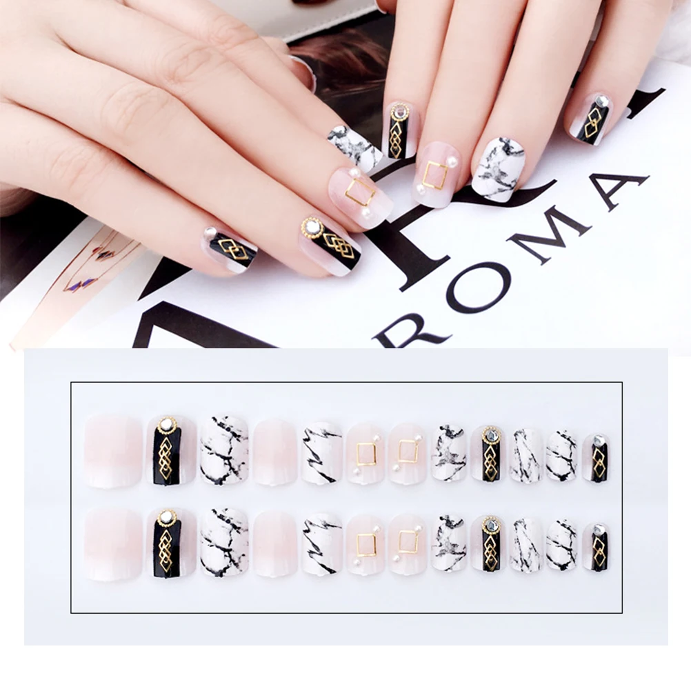 24枚入り マーブルプリント 付け爪 ミディアム丈 フルカバー ネイルチップ 女性用 無毒 DIY マニキュアセット ファッションネイルアート
