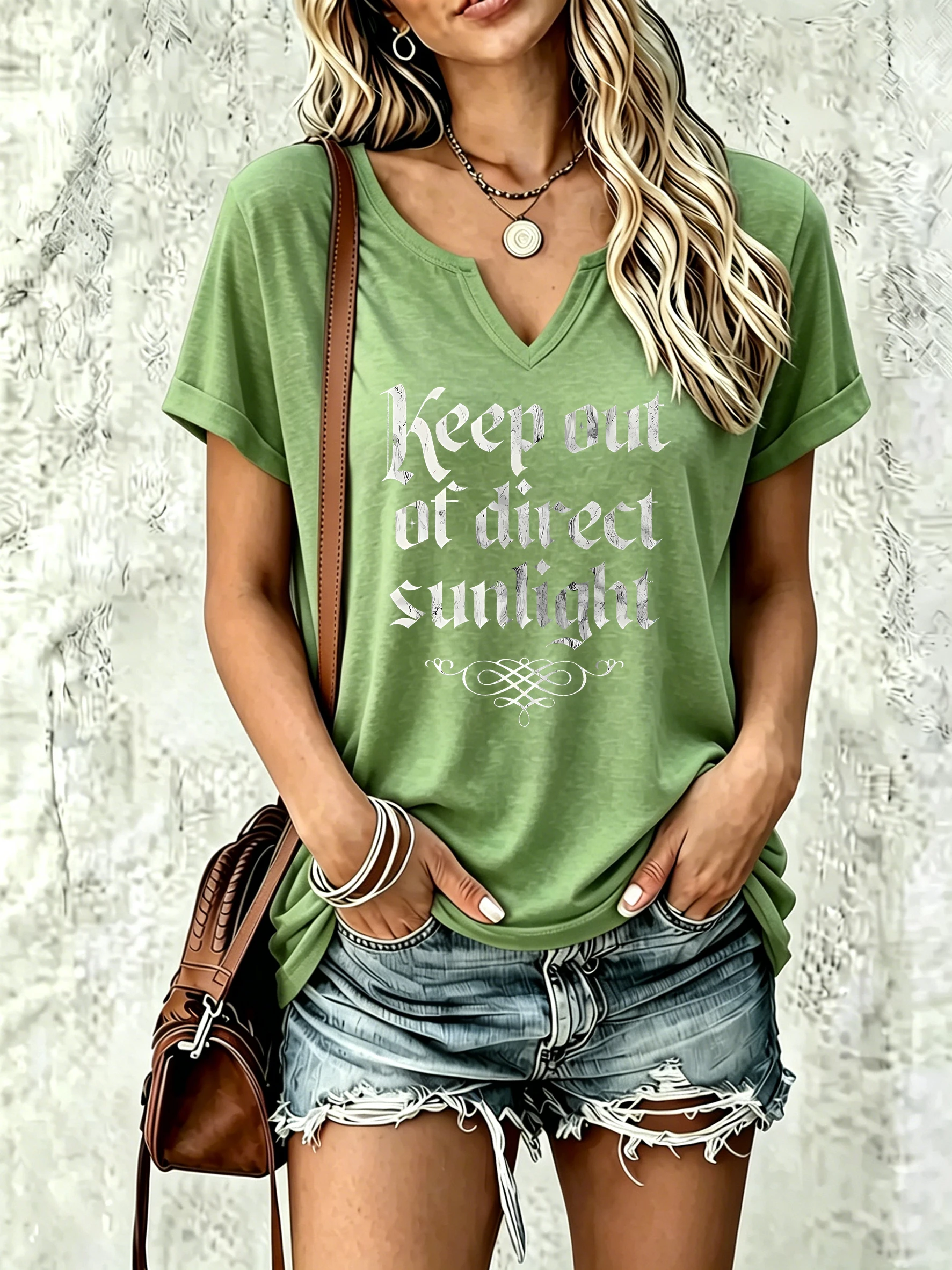 Women Notched V‑Neck Short Sleeve T‑Shirt, Vintage Gothic English Letter Print Fashion Casual Daily Wear Ladies Top