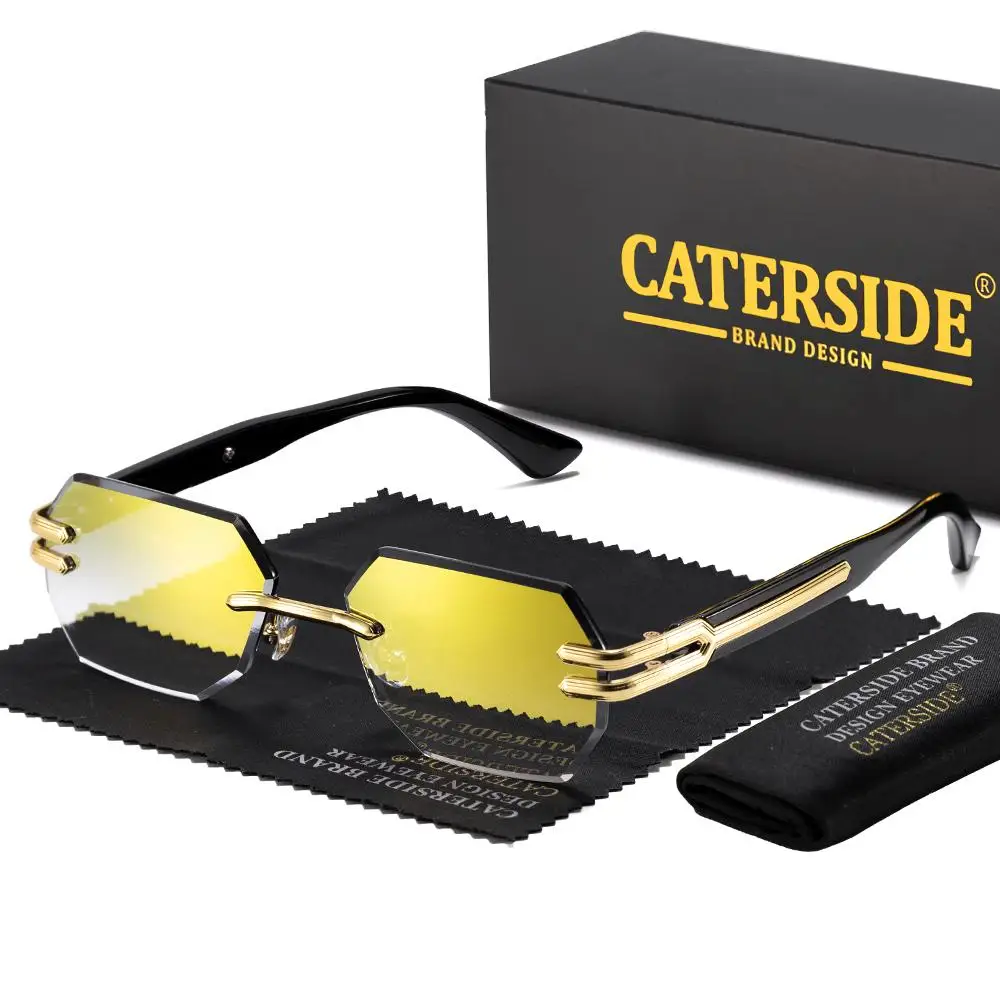 CATERSIDE Neue rahmenlose Sonnenbrille für Herren, modische polygonale Spiegellinsen mit Farbverlauf, Metallrahmen, Damen-Party-Sonnenbrille für den Außenbereich – Detail 8