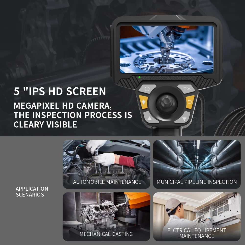 Waterproof Industrial Endoscope Camera 5" IPS Screen CMOS Sensor 4mm Wide Angle For Sewer Drain Inspection With 2 Meters