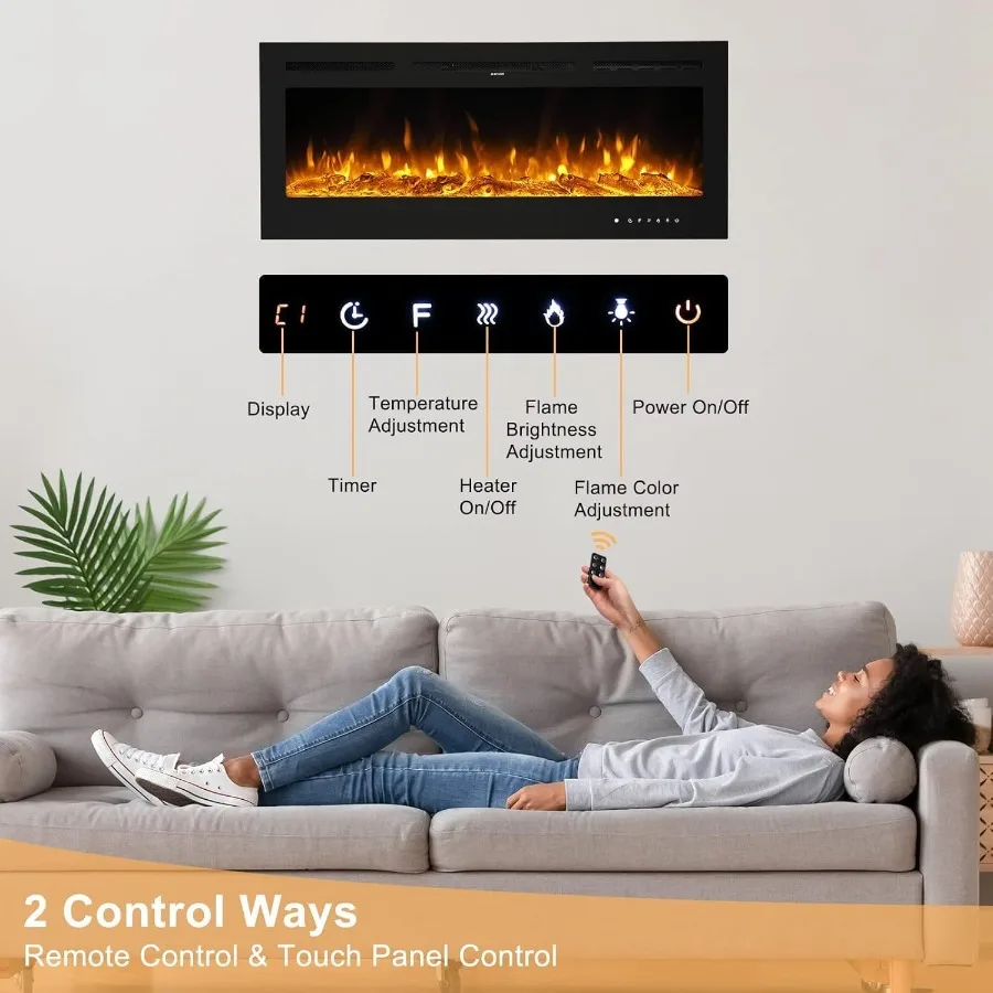 42 Electric Fireplace Wall-Mounted Inserts Fireplace Heater with Remote WiFi Control 12 Adjustable Flame Colors Log Crystal Set