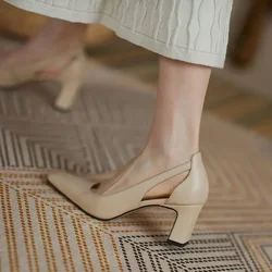 Heels Normal Leather Casual High Block Heel Nude Ladies Footwear Office Women's Shoes Square Toe Pumps on Heeled 39