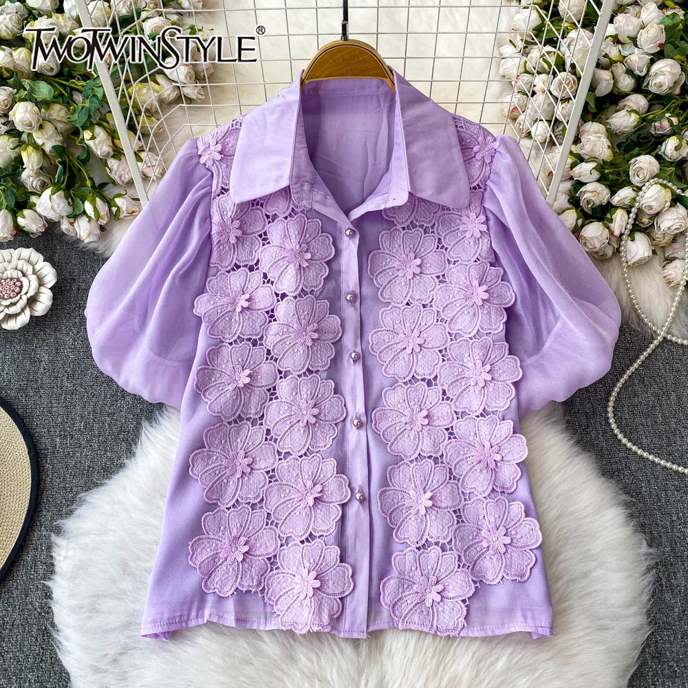 

TWOTWINSTYLE Solid Spliced Appliques Casual Loose Blouses For Women Lapel Puff Sleeve Cute Shirts Female Fashion New KBL536891