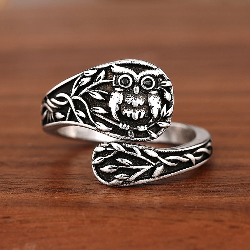 Huitan Anti Silver Color Eagle Floral Open Rings for Women Vintage Hawk Animal Adjustable Ring Punk Hip Hop Style Daily Jewelry