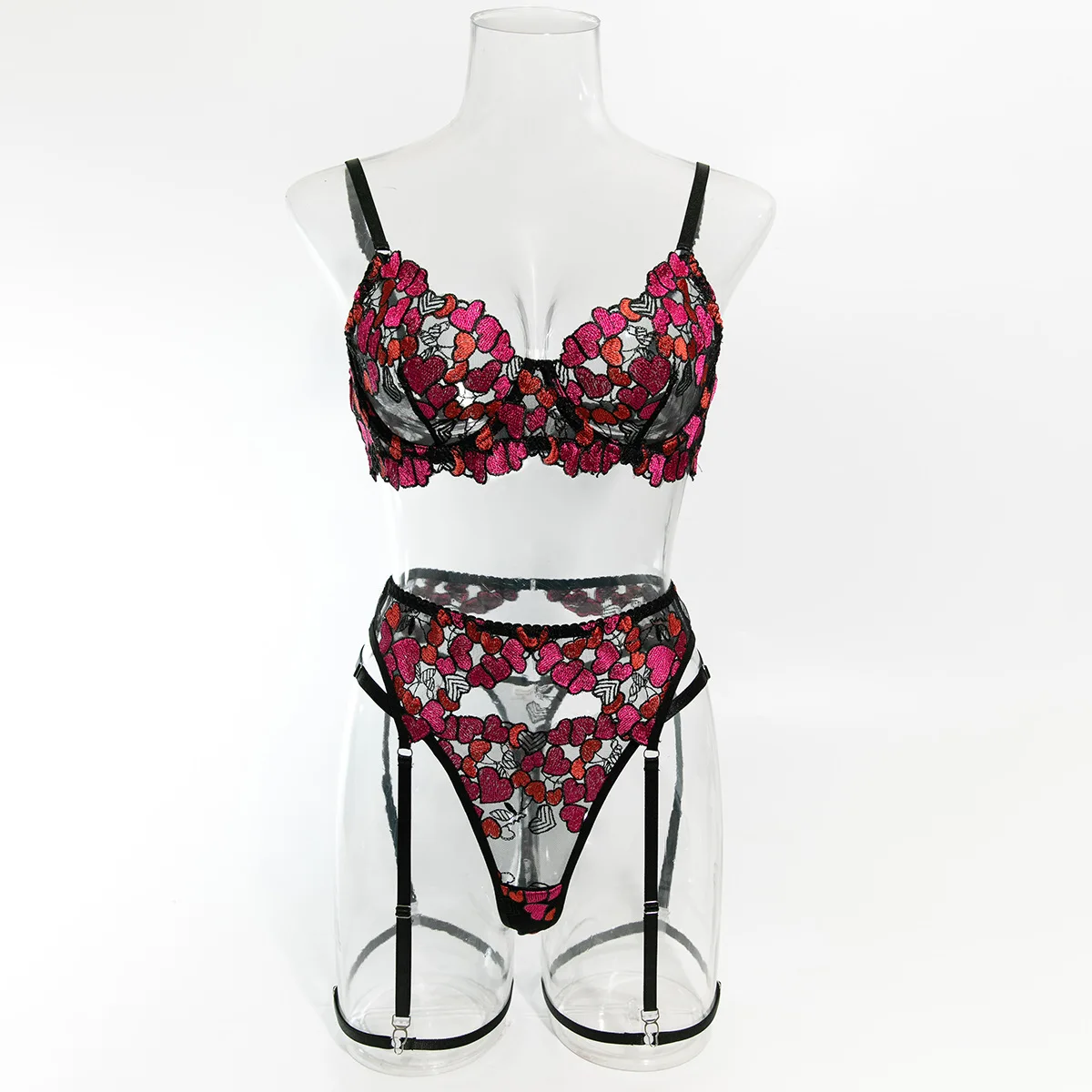 Set esotico con stampa a cuore Set di lingerie sexy con ricamo da donna Set di reggiseno sottile trasparente con prospettiva Abbigliamento esotico