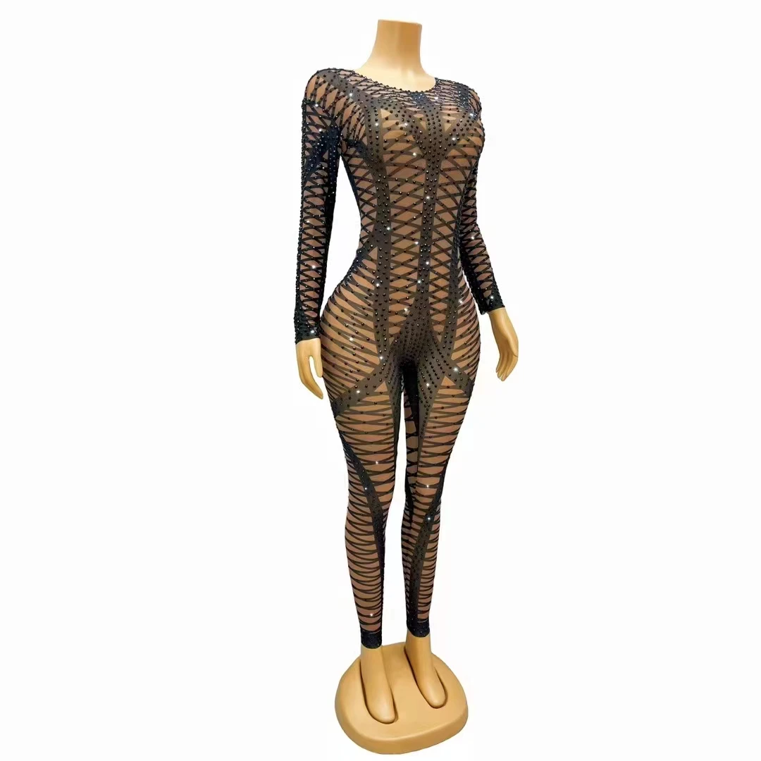 Frauen Sexy Schwarz Strass Streifen Drucken Overall Geburtstag Party Strampler Pole Dance Sänger Bühne Leistung Kostüm Clubwear