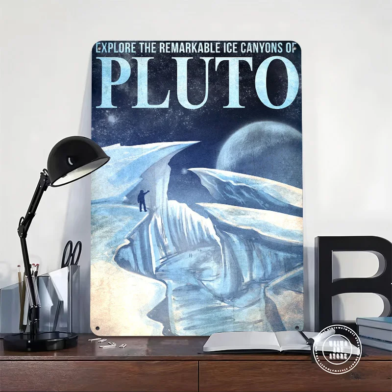 Visit Pluto 3D Texture Printed Poster Custom Vintage Metal Tin Plate Sign for Wall Art Room Accessories Office Decor Luxury Home