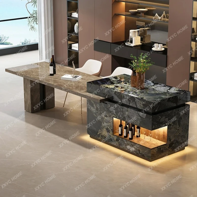 

A High-end luxury stone rock slab island dining table integrated household retractable open kitchen western kitchen guide