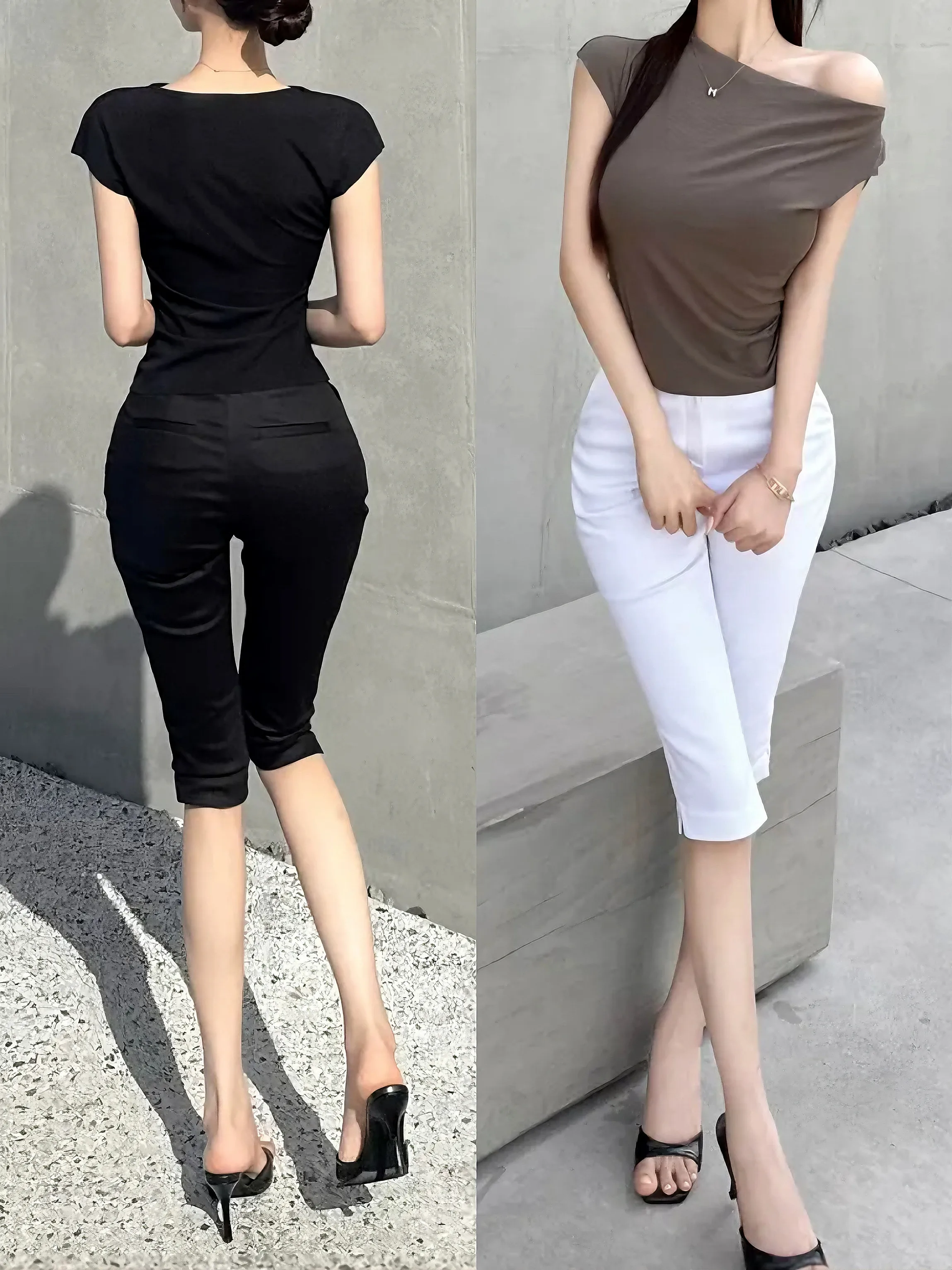 Slimming  Color Casual Thin Split Seven-Foot High Waist Cotton Stretch Denim Pants Women's Spring Fashion High Waist