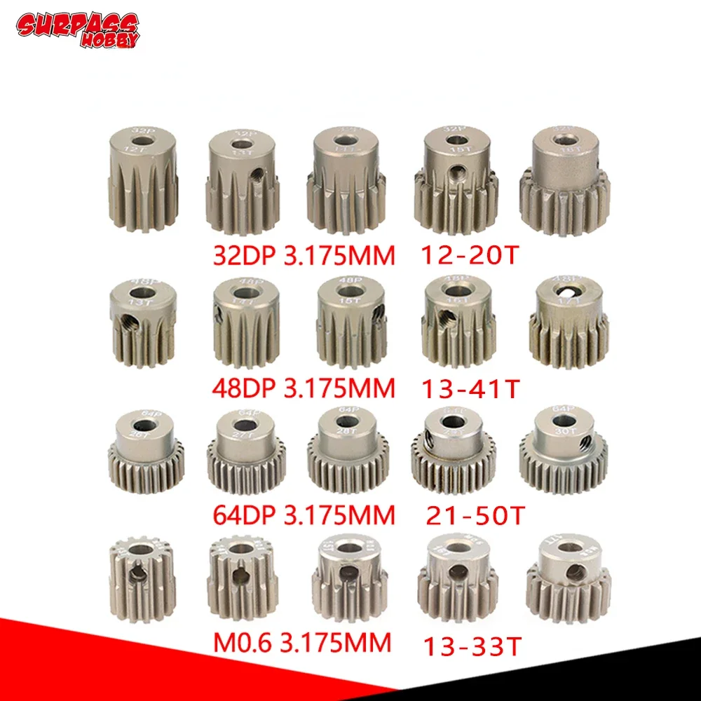 SURPASS HOBBY-Pinhão de metal da engrenagem do motor, 32DP, 48DP, 64DP, M0.6, M0.8, 12T-50T para 1/10, 1/12 RC carro, motor do eixo de 3.175mm, 540, 3650, 5 PCes