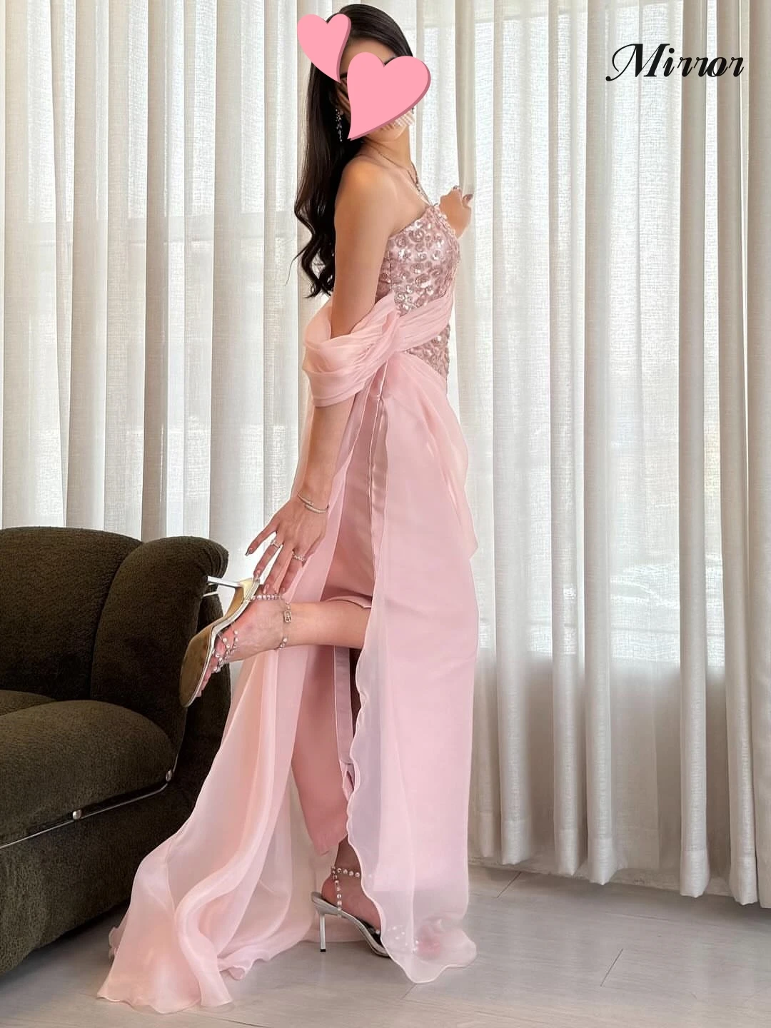 

Mirror Dress Elegant Vintage Sweet Pink Beads Lace Satin Slit Mermaid Customized Formal Occasion Prom Dress Evening Party Gowns