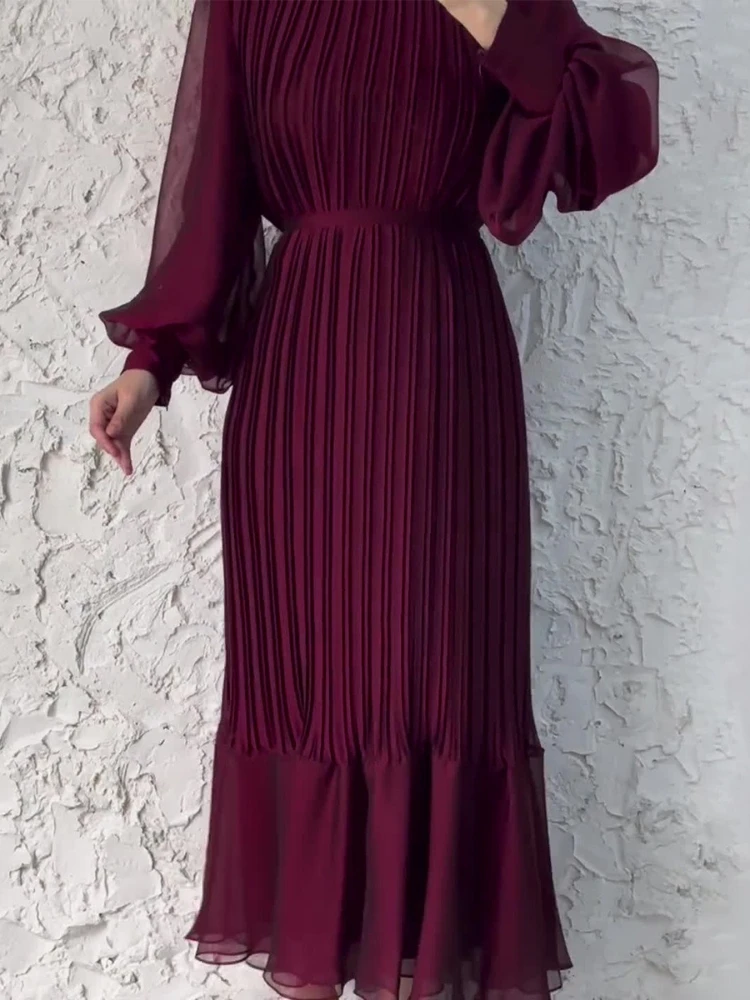 Eid Muslim Dress for Women Sweet Pleated Long Dresses Abaya Party Ramadan Lace-up Vestidos Largo Islam Dubai Arab Long Robe 2024