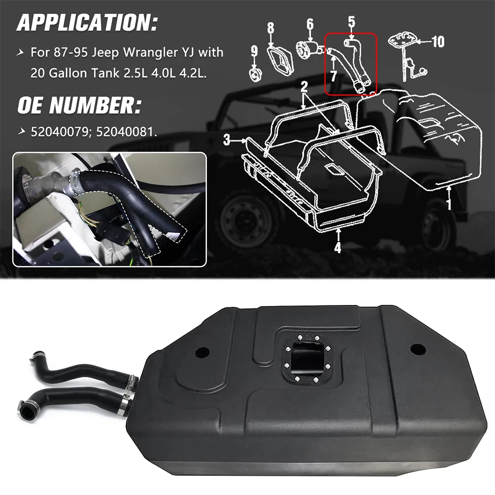 Manguera de llenado de combustible y juego de manguera de ventilación de combustible con 4 abrazaderas para 87-95 Jeep Wrangler (YJ) 2.5L 4.0L 4.2L 52040079 52040081