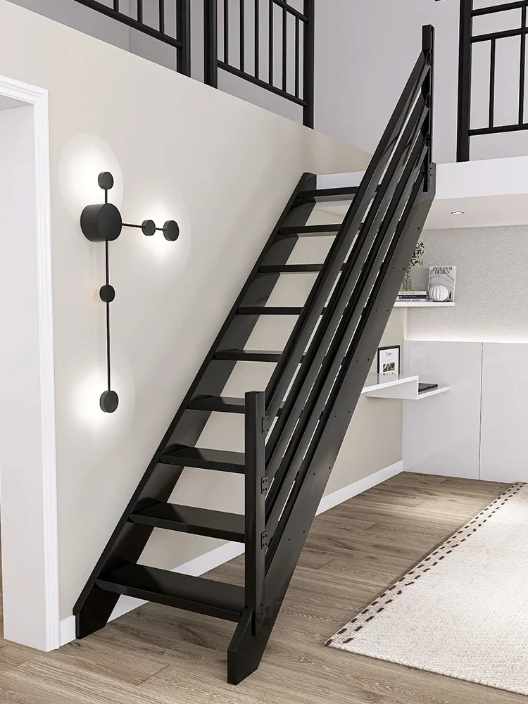 Indoor solid wood loft stairs widened and thickened climbing ladder Duplex villa ladder with handrails Black log ladder