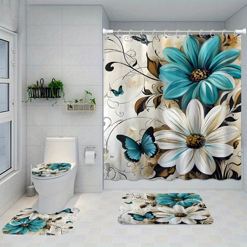 Waterproof Polyester Shower Curtain Set with 12 Hooks, Non-Slip Bath Mat, Toilet Seat Cover and Rug Carpet, Fashion Floral and B