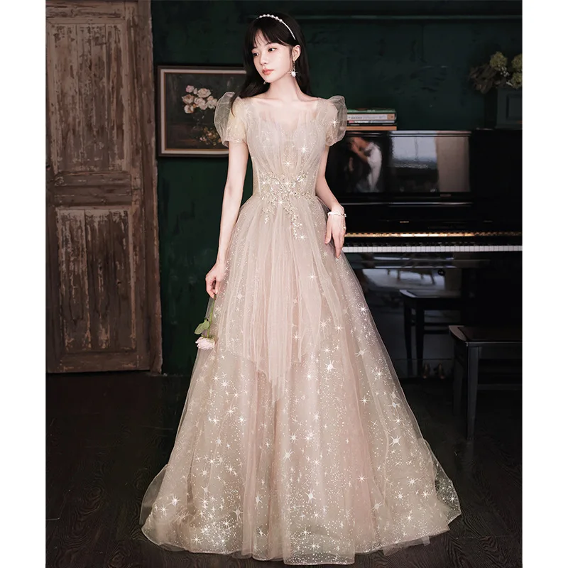 

Off Shoulder A-Line Chinse Qipao Summer Champagne Women Elegant Prom Party Dress Mesh Maxi Gown Lace Flower Cheongsam Vestidso