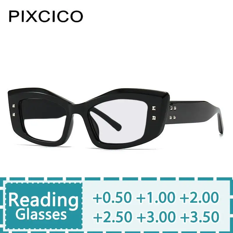 R56695 Women Retro Cat Eye Rivet Reading Glasses +100 +200 +300 Fashion Square Fat Edge Presbyopic Eyewear