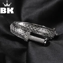 THE BLING KING Men's Iced Sword Bangle White Gold Plated Snake Scales Shaped Vintage Adjustable Cuff Bracelet Hip Hop Jewelry