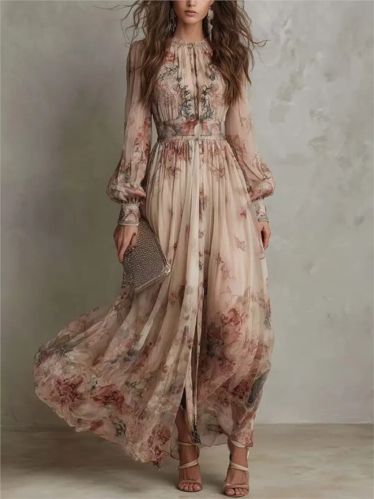 Vintage Floral Print High Waist Pleated Long Dress Woman Elegant O Neck Slim Par