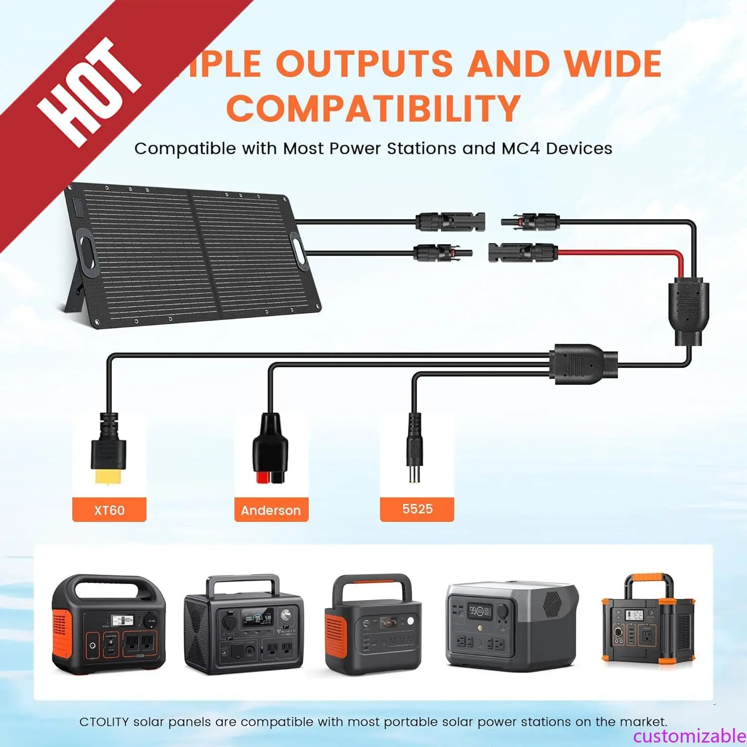 

Customizable 100W Portable Solar Panel 20V Solar Cell For Camping RV Trips