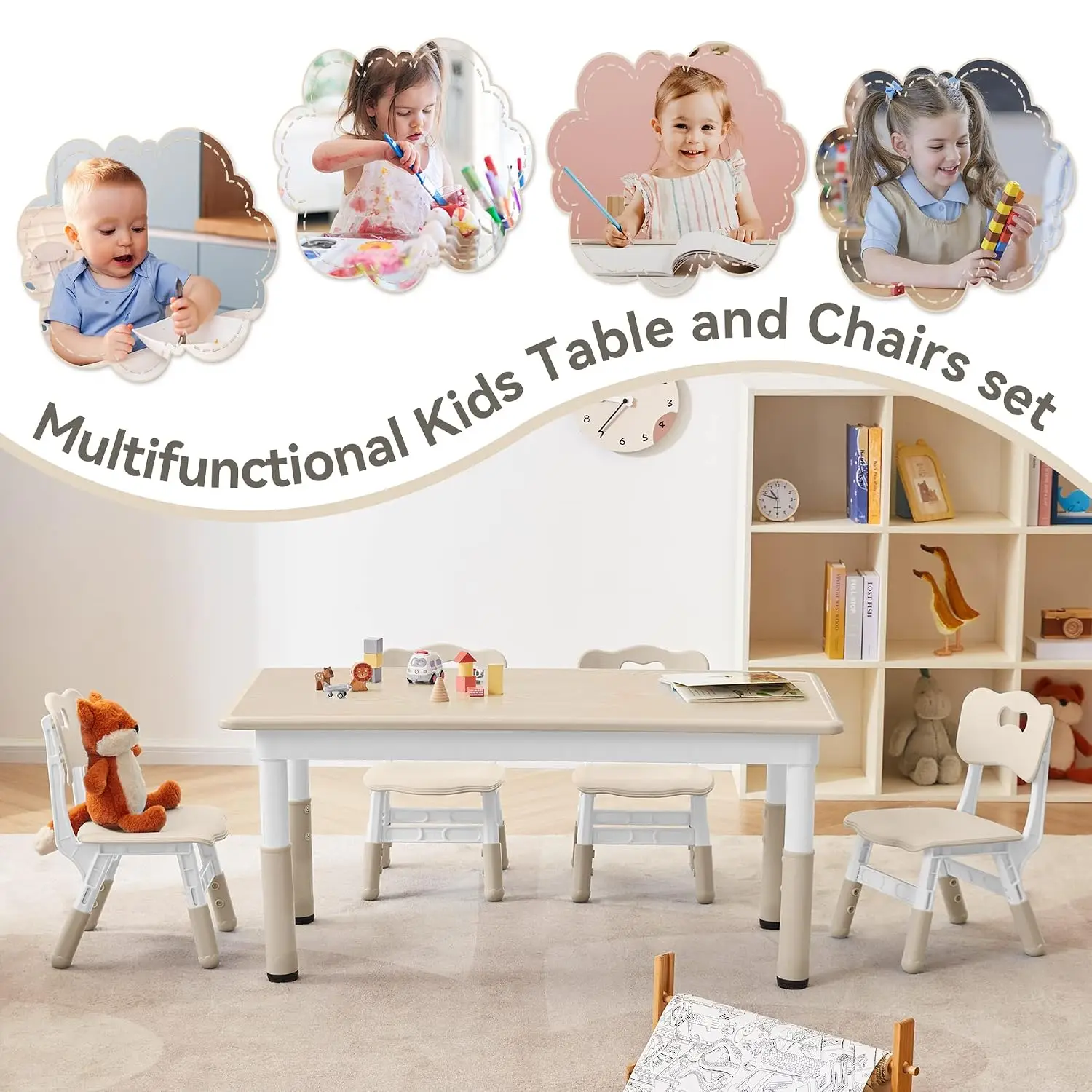 Height Adjustable Kids Study Table & Chair Set with Graffiti Desktop for Ages 3-8, Burlywood, Customized view 6