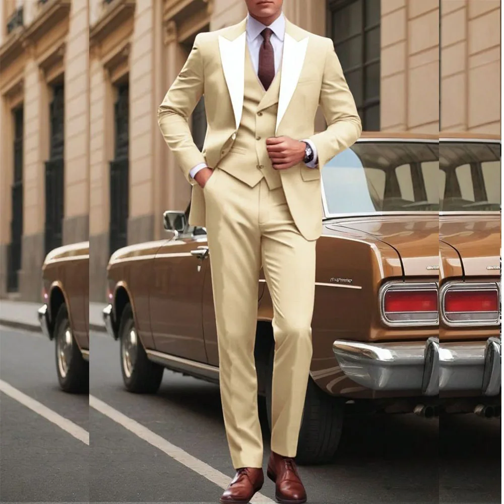 Elegant Slim Fit One Button Men's Suits Blazer Luxury Wedding Peak Lapel Regular Length 3 Piece Jacket Pants Vest Male Clothing