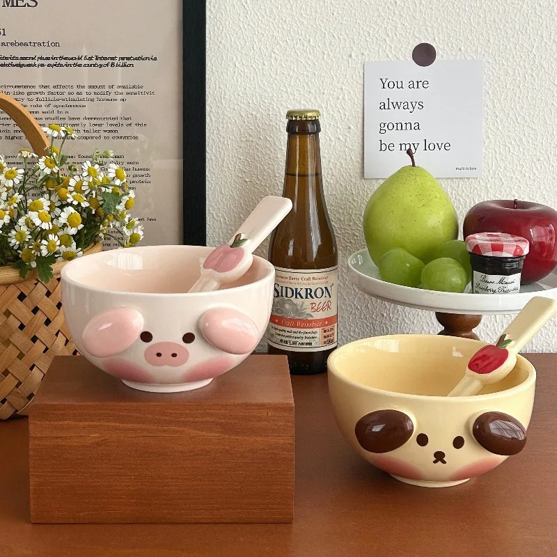 Kawaii Animal Ceramic Bowl Household Soup Bowl Cute Tableware Set Couples Breakfast Oatmeal Milk Bowl Microwave Safe