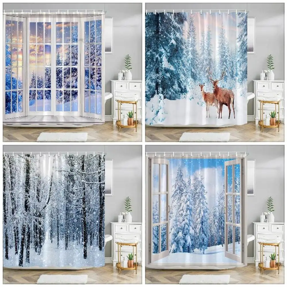 Winter Shower Curtain Snow Covered Forest Idyllic Early Morning Scenery Seasonal Xmas Nature Cloth Bathroom Decor Set with Hooks