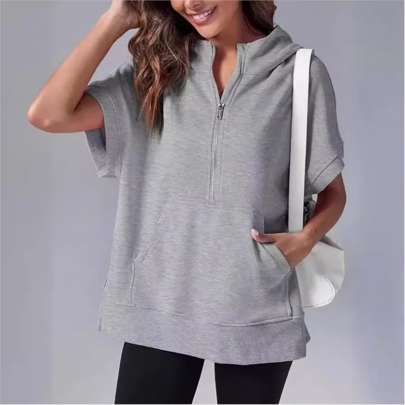 Spring/Summer Women's Solid Color Casual Loose Short Sleeve Hoodie 2024 Zipper Pocket Pink Sportswear Clothing Tops Pullover