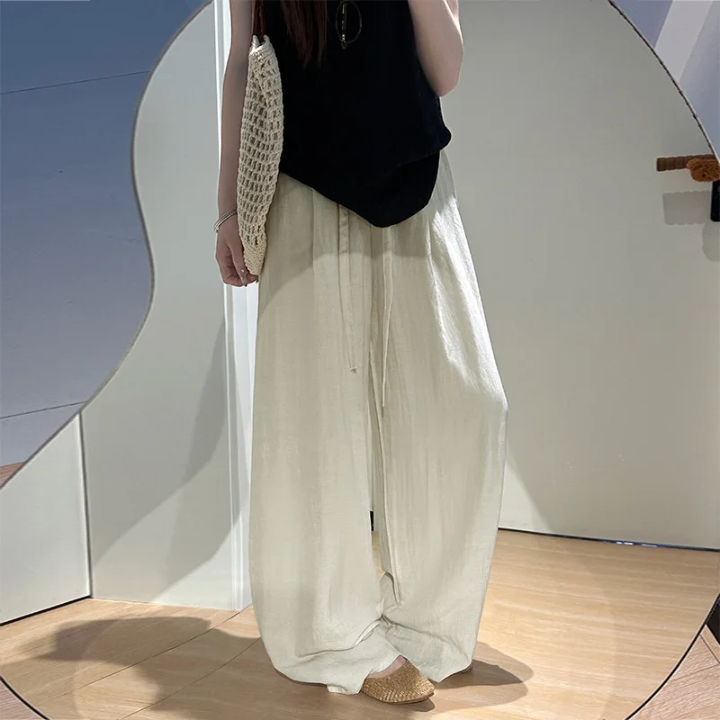 

Льняные широкие брюки для женщин в стиле Lazy Style, с высокой талией, свободные, струящиеся, из шелковистой ткани, с эффектом драпировки, повседневные брюки с высокой талией и широкими штанинами