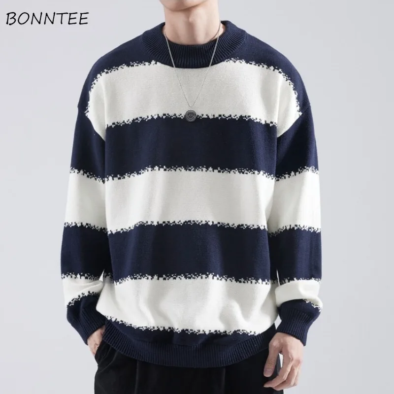 

Пуловеры для мужчин, шикарные полосатые свободные свободные корейские стильные вязаные теплые уличные одежды с круглым вырезом, универсальные винтажные крутые с длинными рукавами