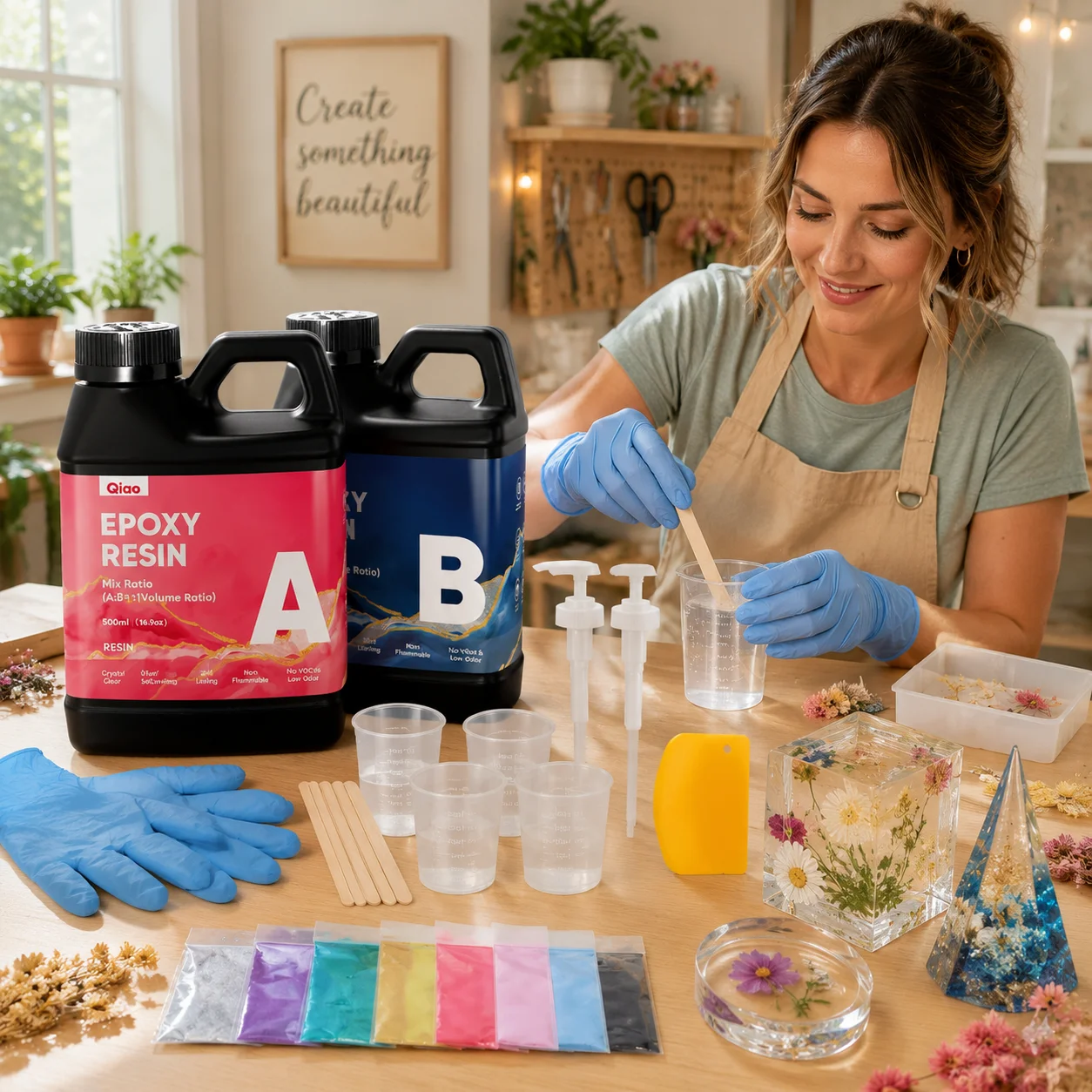 1:1 Kristallklares Epoxidharz-Set 1000ml Gesamtmenge Geruchsarm VOC-frei Epoxidharz AB-Kleber-Set für DIY-Bastelarbeiten Schmuckguss Beschichtung