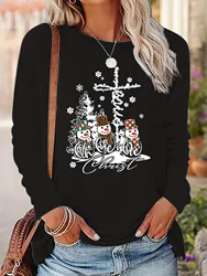 Women's Christmas Snowman and Jesus Cross Printed T-shirt Casual Round Neck Long Sleeve Top